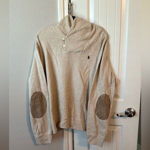 Polo Ralph Lauren Men's Beige Shawl Collar Cardigan Sweater Elbow Patch